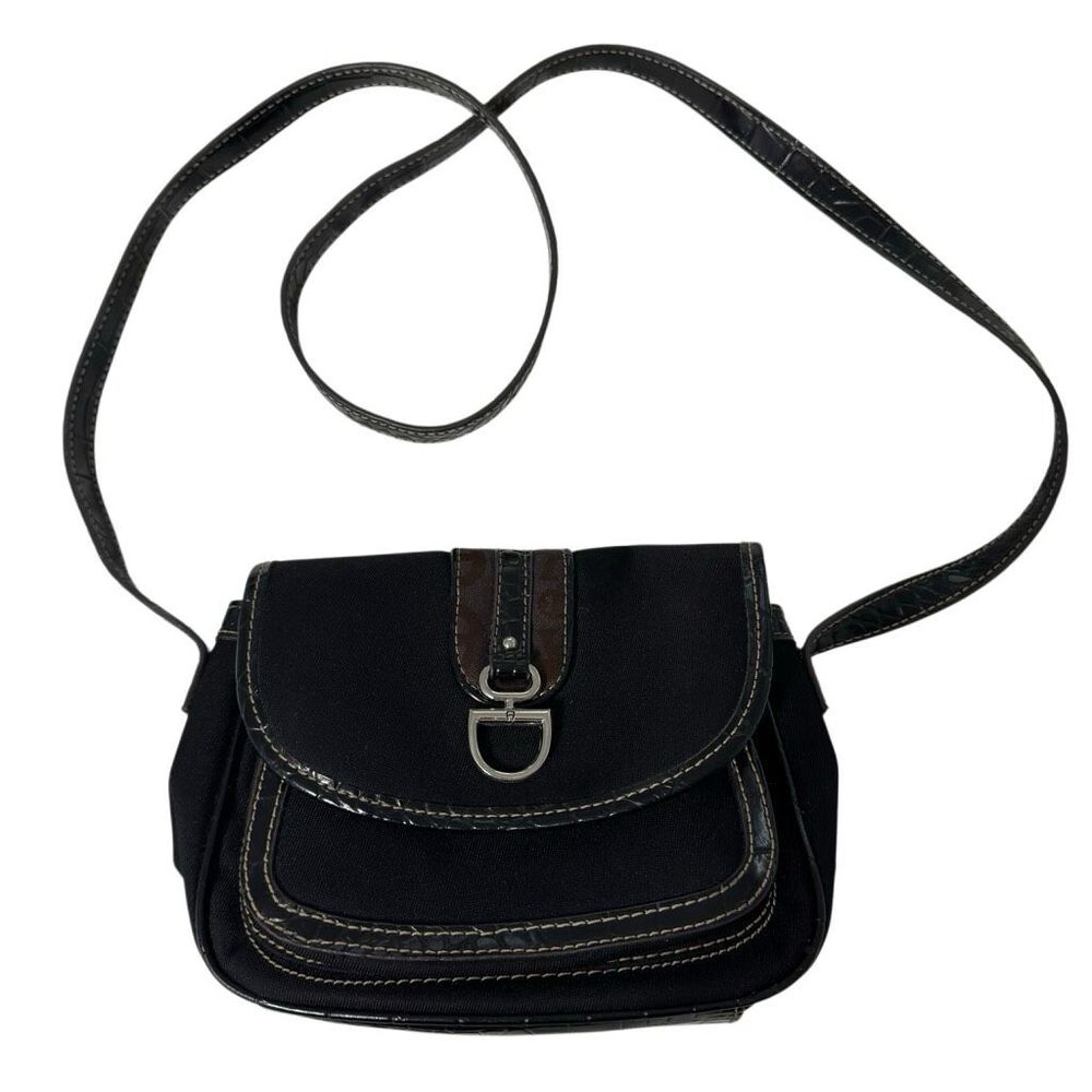 Vintage Y2K Etienne Aigner Black Canvas Croc Trim Crossbody Bag